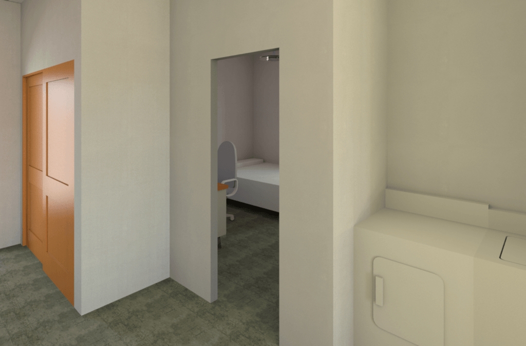 House Project 3D rendering of the spare bedroom from the hallway