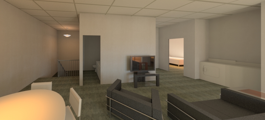 House Project 3D rendering of the main room from the kitchen