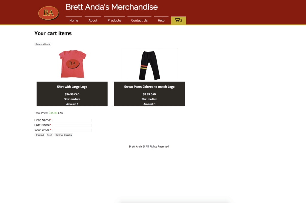 The cart page of the e-commerce store i made in school.